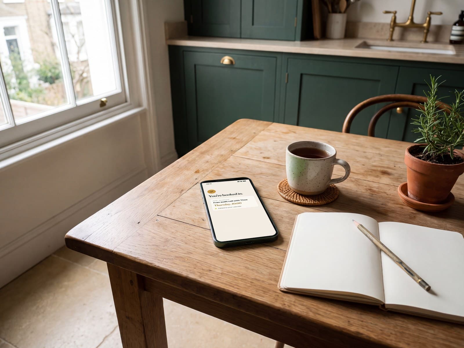 A phone on a kitchen table showing a booked audit call