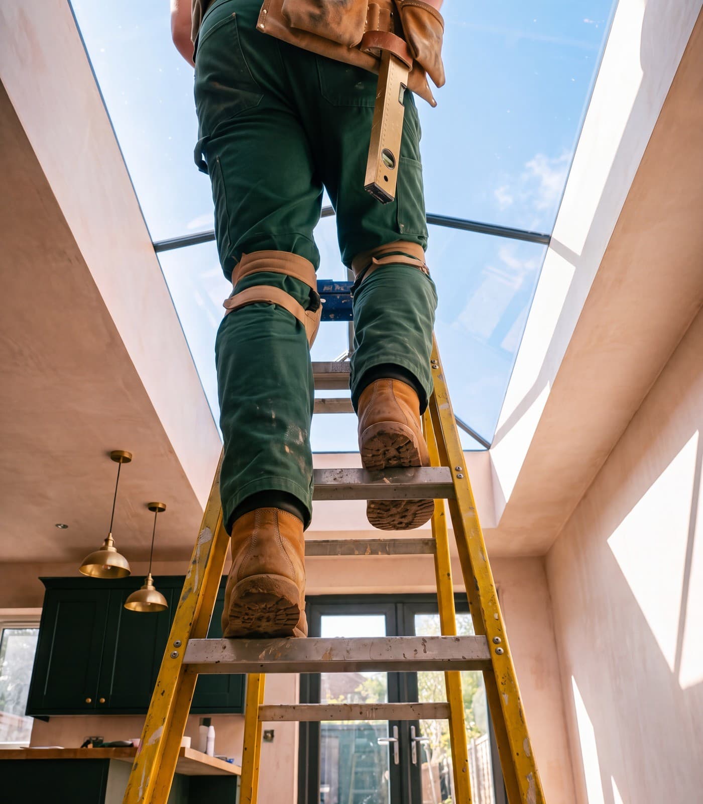 Looking up at a fitter’s legs on a yellow stepladder under a glass roof lantern in a new kitchen extension.